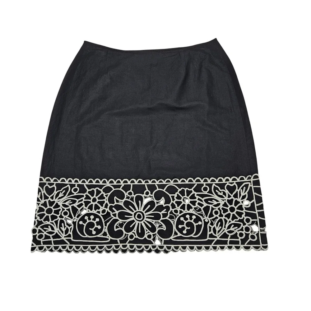 Carlisle Black Linen Cotton Floral Eyelet Embroidered‎ Scalloped Pencil Skirt 8